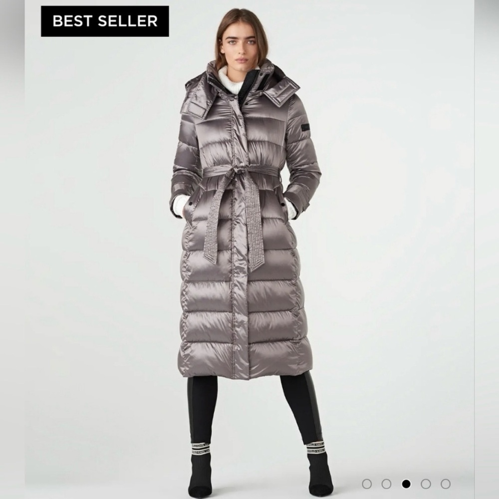 Karl Lagerfeld Women's Metallic Gunmetal Gray Long Puffer Coat